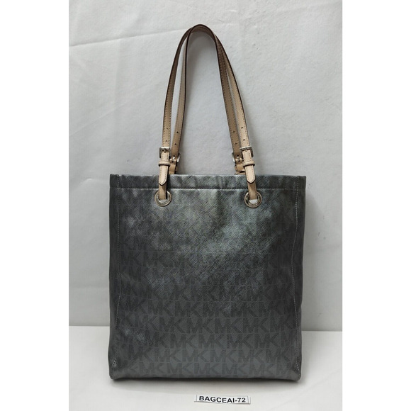 Michael Kors Jet Set Gray Leather MK Printed Double Handles Tote Shoulder Bag - Picture 2 of 16